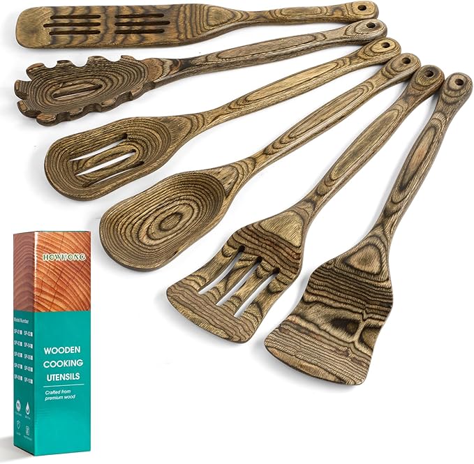 HOWHONG Wooden Spoons for Cooking, Pakkawood Kitchen Utensil Set Granite, Premium Durable Wooden Utensils for Nonstick Cookware, Heat Resistant, Smooth Finish, Comfortable Grip, 6 Piece