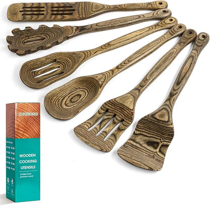 HOWHONG Wooden Spoons for Cooking, Pakkawood Kitchen Utensil Set Granite, Premium Durable Wooden Utensils for Nonstick Cookware, Heat Resistant, Smooth Finish, Comfortable Grip, 6 Piece