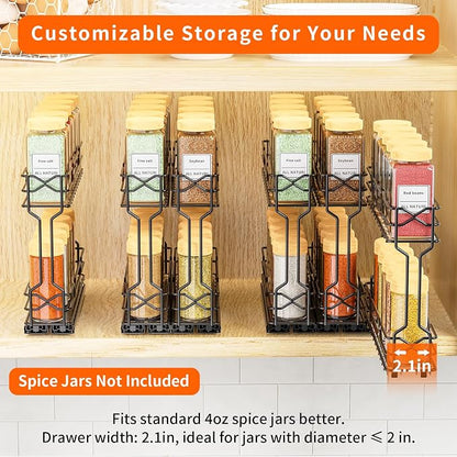 RCHYFEED Pull Out Spice Rack Organizer for Cabinet, Metal Heavy Duty Cabinet Spice Organizer, 2 Tier Slide Out Spice Racks, 7.3 W x10.5 D x8 H, 3 Individual Drawers(2.1" Wide), Jars Not Included