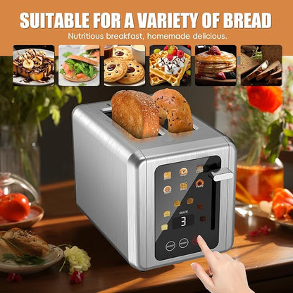 WUNLY Smart Digital 2 Slice Toaster with Touch Screen,1.5'' Extra Wide Slots for Bagel, Digital Countdown & Sound Control, 6 Bread Types & 6 Shade Settings, Defrost/Reheat/Standby,Titanium
