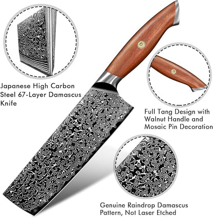 Freelander 7-Inch Nakiri Knife with VG10 Damascus Steel Core, 67-Layer Blade and Walnut Wood Handle, Full Tang Design with Mosaic Pin, Premium Kitchen Knife
