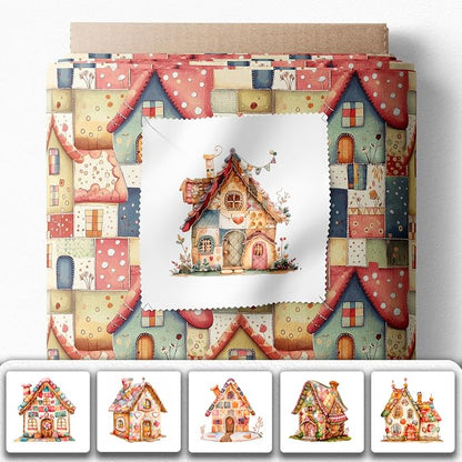 Patchwork Fairy Cottage Cotton Fabric Panel – 6 Designs (10×10 inch Each) + Bonus Sheet 29.5×19.6 inch, 100% Cotton 140 GSM, Made in Türkiye