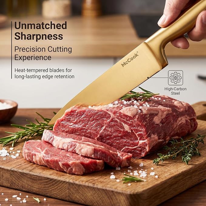 McCook® Knife Sets, Golden Titanium Stainless Steel Kitchen Knife Block Sets with Built-in Sharpener,15 Piece Knives, Restaurant Grade Sharp, Elegant Gold & Stylish Wooden Block for Modern Culinary