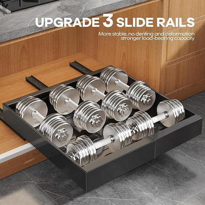 Seinloes 2Pack Expandable Pull Out Cabinet Organizer 21"Deep with Raising Pad for Framed Cabinets, Upgrade 3 Slide Rails Slide Out Drawers, Roll Out Shelves Adhesive,Adjustable Width 12.05"-20.4"Black
