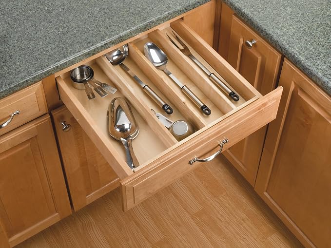 Rev-A-Shelf Custom Trim-to-Fit Silverware Drawer Organizer For Kitchen Utensils, Cutlery Cabinet Storage Divider Insert, 18.5" x 22", Maple Wood, 4WUT-1