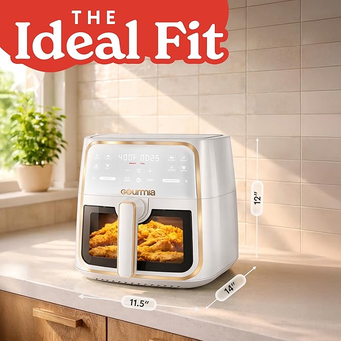 Gourmia 8 Qt Air Fryer, 8 Presets with Digital Display, FryForce 360° Technology, Easy View Window & Interior Light, Dishwasher Safe Basket, White