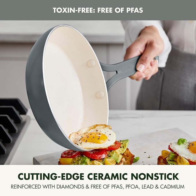 GreenPan Nova 10-Piece Nonstick Cookware Set, PFAS-Free Ceramic Pots & Pans with Silicone Cooking Utensils, Durable Fast Heating, Induction Ready, Oven Safe to 600°F, Dishwasher Safe, Slate Gray