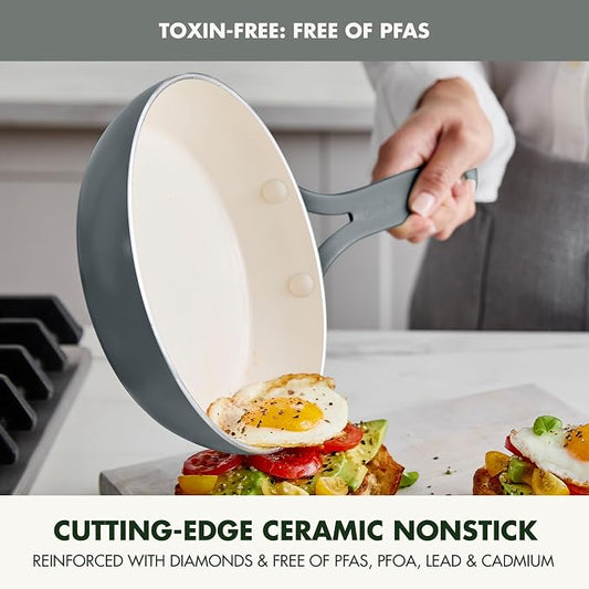 GreenPan Nova 10-Piece Nonstick Cookware Set, PFAS-Free Ceramic Pots & Pans with Silicone Cooking Utensils, Durable Fast Heating, Induction Ready, Oven Safe to 600°F, Dishwasher Safe, Slate Gray