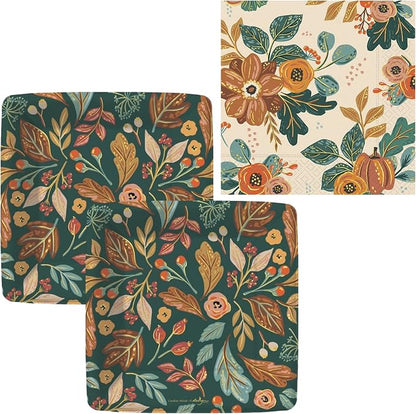 Martha's Goat Autumn Floral Leaf Themed Party Supplies | Bundle Includes Paper Dessert Plates & Napkins for 16 People | Colorful Sage and Pumpkin Design in the Colors of Fall
