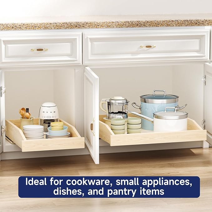 Pull Out Cabinet Organizer 22.5" W x 21" D, Soft Close Slide Out Wood Drawer Shelf for Kitchen Cabinets, Pull Out Cabinet Drawer for Base Cabinet, Pantry and Bathroom Storage, Bottom Mount