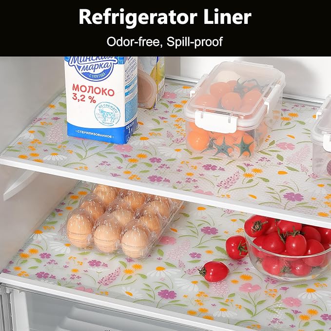 INNOLITES Shelf Liner for Kitchen Cabinets, Non-Adhesive Drawer Liner, Waterproof Washable EVA Floral Pattern, Protect Dresser Cupboard Refrigerator Shelves (Sage Wildflower, 17.5" x 78.7")
