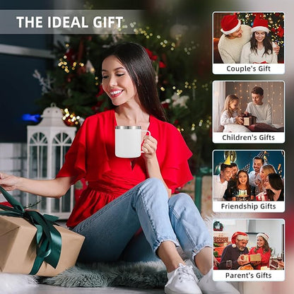 Volhoply 14oz Insulated Stainless Steel Coffee Mug with Lid Bulk 4 Pack,Not Suitable for Sublimation,Double Wall Vacuum Travel Coffee Cup with Handle, Reusable Metal Camping Mugs Keep Cold(White,4)