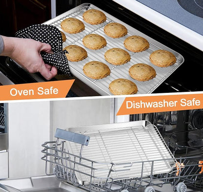 TeamFar Stainless Steel Baking Sheet, 17.6 x 13 x 1inch Half Baking Pan Cookie Sheets with Cooling Rack & 50PCS Parchment Papers for Baking/Roasting/Broiling, Healthy & Sturdy, Dishwasher Safe