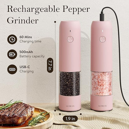 Ultrean Pepper Grinder, Rechargeable Salt and Pepper Grinder with 6 Adjustable Coarseness, LED Light, Automatic Grinder for Kitchen, Cooking Gifts for Women Valentines Day Gifts for Her, Pink