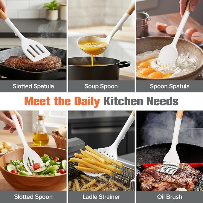 Silicone Cooking Utensils Set of 10 with Wooden Handle,No Scratch for Nonstick Cookware,Slotted Spoon&Spatula,Solid Spoon&Spatula,Large Measuring Ladle,Brush,Rice Paddle,Baking Turner&Flipper (White)