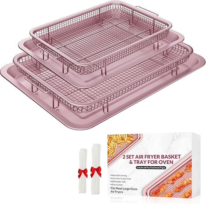 Oven Air Fryer Basket and Tray, OPENICE 2 Set Air Fryer Basket and Tray for Oven with 60 Pcs Parchment Paper, Air Fryer Pan Crisper Tray for Baking, Crisping - Pink