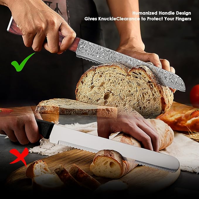 COOKLET'S Bread Knife, Professional VG10 Damascus High Carbon Stainless Steel Bread Cutting Knife, 8 Inch Serrated Cake Knife Bread Cutter, G10 Ergonomic Color Wooden Handle with Gift Box