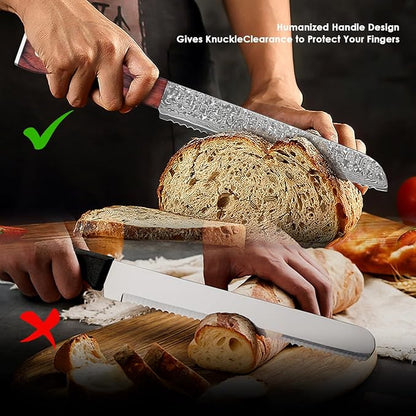 COOKLET'S Bread Knife, Professional VG10 Damascus High Carbon Stainless Steel Bread Cutting Knife, 8 Inch Serrated Cake Knife Bread Cutter, G10 Ergonomic Color Wooden Handle with Gift Box