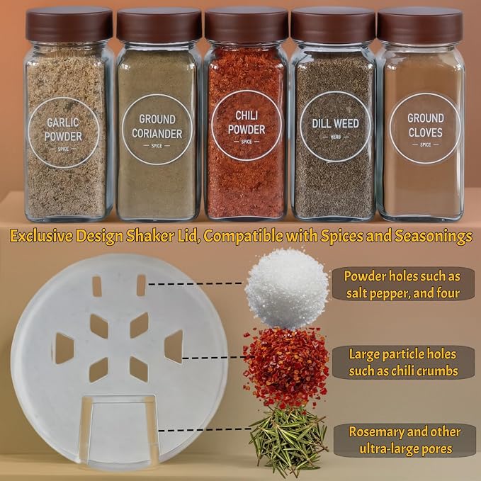 Spice Jars with Labels - 24 Glass Spice with Shaker Lids & Airtight Plastic Caps - 4oz Complete Seasoning Containers Organizer Set for Cabinet, Drawer & Rack (Brown)