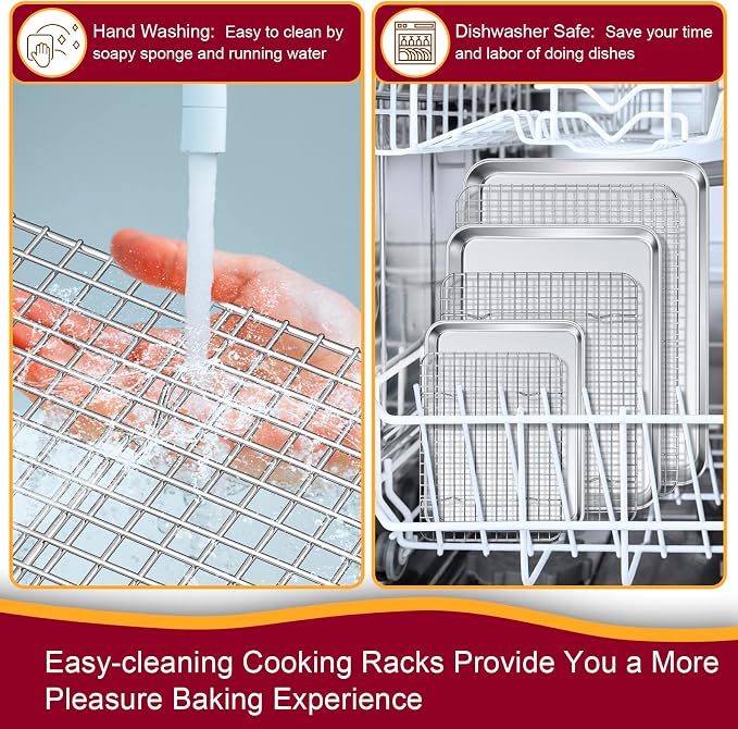 P&P CHEF 16 + 12.5 + 9 Inch Baking Sheet and Rack Set, Stainless Steel Cookie Sheets Oven Baking Pans Trays with Cooling Racks for Cooking & Roasting, Oven & Dishwasher Safe, (6Pcs)
