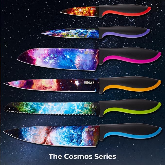 CHEF'S VISION Cosmos Kitchen Knife Set – 6-Piece Stainless Steel Knives with Non-Stick Coating, Dishwasher Safe, Galaxy Design, Unique Gift for Space Lovers
