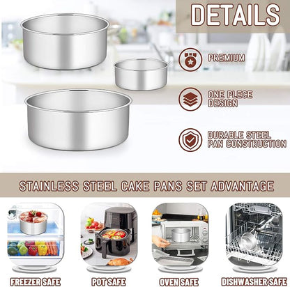 E-far Cake Pan Set of 3 (4’’/6’’/8), Deep Stainless Steel Round Cake Pans Tins for Wedding Birthday, Non-toxic & Dishwasher Safe, Mirror Finish & Straight Side
