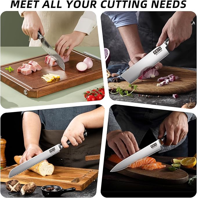 MDHAND Chef Knife Set with Roll Bag, 9PCS Professional Knife Sets with Sharpener, High Carbon Stainless Steel Japanese Kitchen Knives - Black Pakkawood Handle, Dishwasher Safe, For Cooking, Chef Gifts