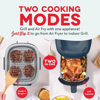 Dash Flip & Fry™ Digital 2-in-1 Grill & Air Fryer - Has AirCrisp® Technology - Digital Touchscreen, Ceramic Nonstick Grill Plate & Special Dehydrate Function - 3 Quarts - Navy