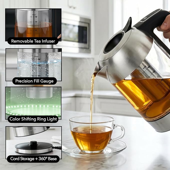 OVENTE Digital Glass Electric Kettle with Temperature Control, 1.8L Cordless Electric Tea Kettle with 7 Presets, Water Boiler Electric Pot, Keep Warm Function, Auto Shut-Off, Silver KGD752S
