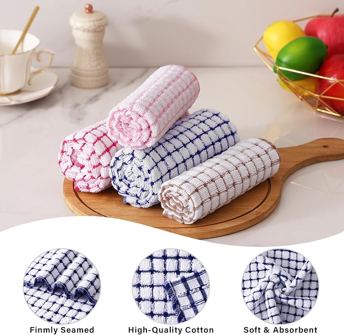 Homaxy Kitchen Towels and Dishcloths Set, 16 x 25 and 12 x 12 Inches, Set of 16 Cotton Terry Kitchen Dish Towels, Super Soft and Absorbent Dish Cloths, Blue/Pink/Red/Brown