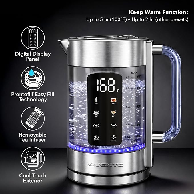 OVENTE Digital Glass Electric Tea Kettle 1.7L with Color-Changing LED Lights Temperature Control, Double-Wall Cool Touch, 4 Presets, Keep Warm, Tea Infuser & Boil-Dry Protection, Silver KGD913S