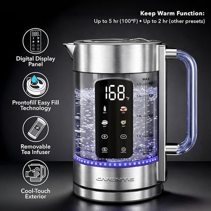 OVENTE Digital Glass Electric Tea Kettle 1.7L with Color-Changing LED Lights Temperature Control, Double-Wall Cool Touch, 4 Presets, Keep Warm, Tea Infuser & Boil-Dry Protection, Silver KGD913S