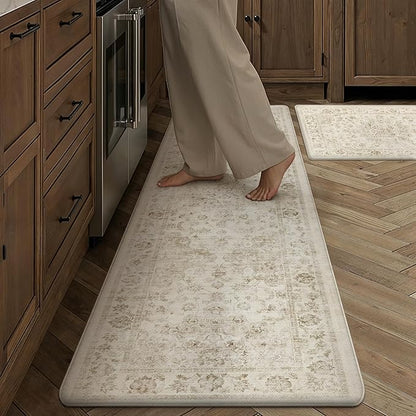 Anti Fatigue Kitchen Mats 2PCS Beige Neutral Mats for Cushioned Vintage Kitchen Matss for Floor Non-Slip Waterproof Comfort Standing Rug for Sink Laundry Office 17.3"×59"+17.3"×30"