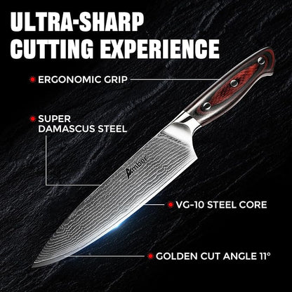 Ambertronix Professional Damascus Chef Knife 8 inch, Kitchen Knives Made of Japanese VG-10 Stainless Steel with Unique Pattern, Ultra Sharp Blade and Ergonomic Handle