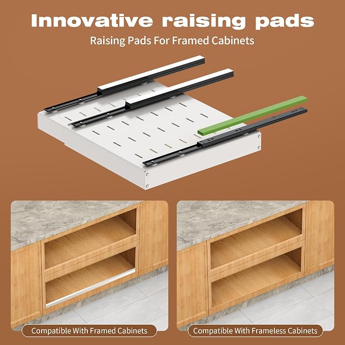 4 Pack Pull Out Cabinet Organizer Expandable,Adjustable 12-21 Inch Width Slide Out Drawer Shelves,Painted Carbon Steel with Heightening Pad,No Drill,for Kitchen/Bathroom/Pantry/Under Sink/Laundry Room