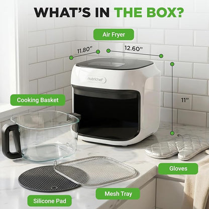 NutriChef Family Size 7.5 Quart Air Fryer | 6 Preset Cooking Modes | Glass Fry Bowl for Best Cooking | 360° Air Circulation | Cook Veggies, Steak, Fries, Seafood, Chicken & More | White