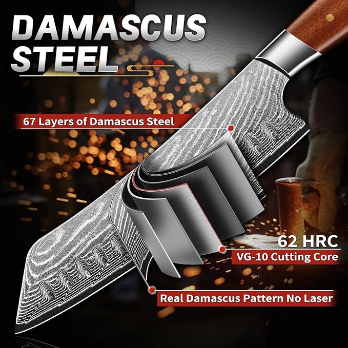 TIJERAS Japanese Chef Knife, Damascus Santoku Kitchen Knife, 7 inch Damascus 67-Layer Steel Sharp Professional Chefs Knives with Wood Ergonomic Handle, Birthday Gifts for Men Women