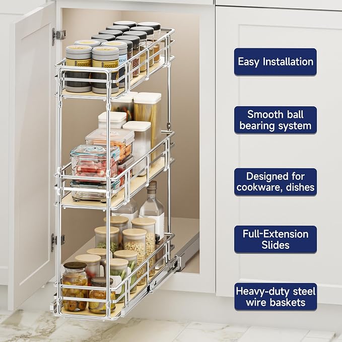 7" W x 20.5" D 3-Tier Pull Out Spice Rack Organizer, Solid Wood Base Slide Out Cabinet Shelf for Narrow Kitchen Cabinets, Chrome Pantry Storage