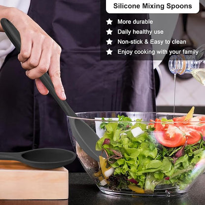 E-far Silicone Cooking Spoon Set of 2, Heat Resistant Kitchen Spoons Utensils Nonstick Mixing Spoon for Baking Stirring Serving, Non-Toxic & Dishwasher Safe (Black)