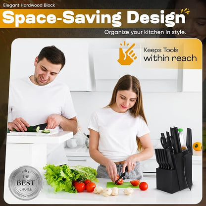 15-Piece Kitchen Knife Set with Finger Guard – Ultra-Sharp Professional Knives, Ergonomic Anti-Slip Handles, 6 Steak Knives, Dishwasher Safe, Modern Black Design – Precision & Safety in One Combo