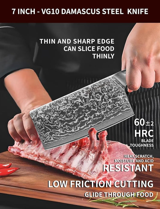 Chinese Chef Knife - 7" Cleaver Knife- Xuan Series - VG10 Damascus Steel Kitchen Knife - Resin Handle (Starry Black)