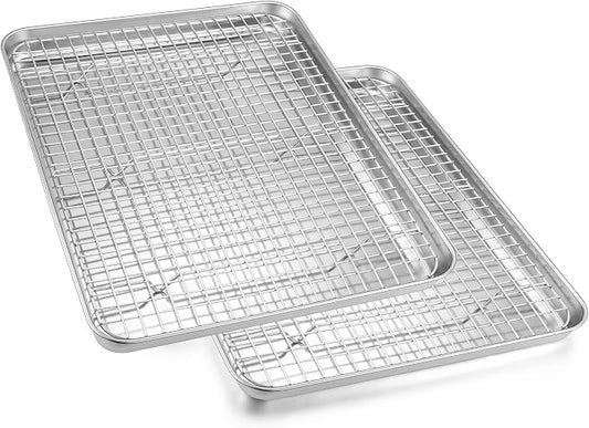 Homikit Baking Half Sheet with Rack Set (2 Pans+2 Racks), 18" x 13" Stainless Steel Cookie Sheets Pan with Wire Cooling Racks for Baking, Nonstick Large Bacon Crisp Trays for Oven, Non Toxic
