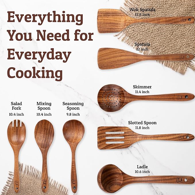PriorityChef Wooden Spoons for Cooking, Premium 8pc Teak Wood Utensil Set with Hanging Hooks