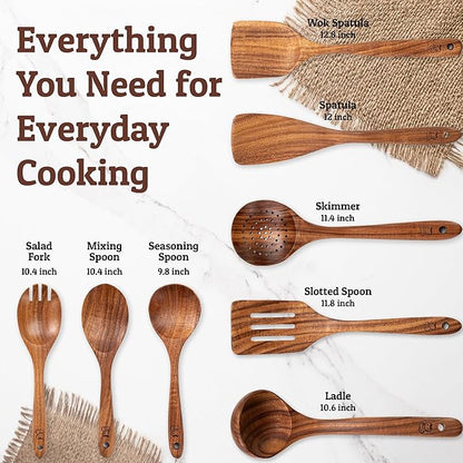 PriorityChef Wooden Spoons for Cooking, Premium 8pc Teak Wood Utensil Set with Hanging Hooks