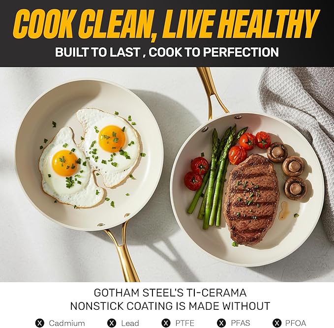 GOTHAM STEEL 15 Pc Ceramic Pots and Pans Set Non Stick, Kitchen Cookware Sets, Pot and Pan Set, Ceramic Cookware Set, Non Toxic Cookware Set, Non Stick Pots and Pan Set Dishwasher Safe, Cream White…
