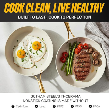 GOTHAM STEEL 15 Pc Ceramic Pots and Pans Set Non Stick, Kitchen Cookware Sets, Pot and Pan Set, Ceramic Cookware Set, Non Toxic Cookware Set, Non Stick Pots and Pan Set Dishwasher Safe, Cream White…