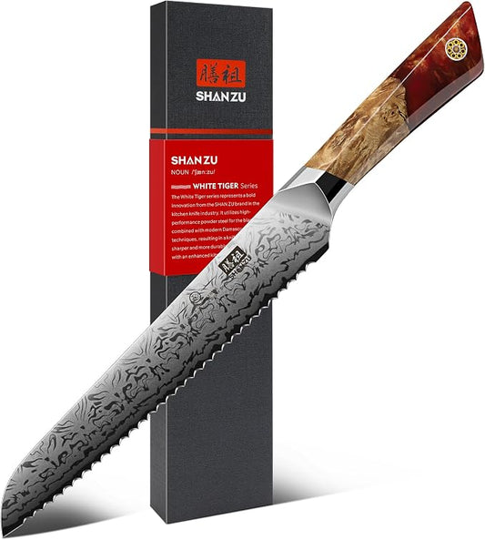SHAN ZU Damascus Bread Knife, SG2 Powder Steel Japanese Kitchen Knife, 8 inch Hand Forged 91 Layers Damascus Steel Ultra Sharp Knife with Ergonomic Maple Handle