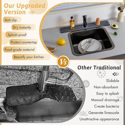 Faucet Mat for Kitchen Sink, 24'' Long Diatomite Sink Protector Splash Guard Draining Mat, Quick Drying Stone Sink Tray, Water Absorbent Soap Sponge Holder for Bathroom, Women Birthday Gift, Dark Gray