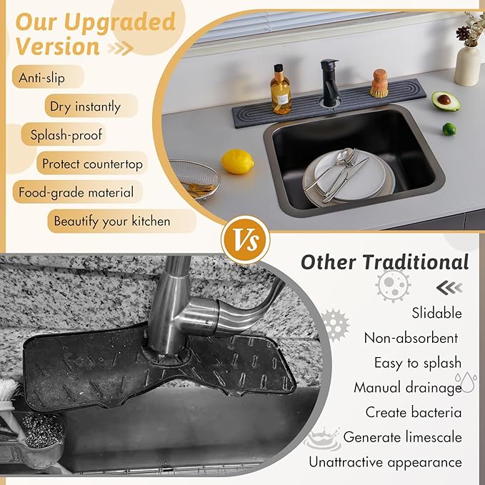 Diatomite Sink Mat around Faucet, Instant Dry Stone Sink Tray Cleaning Tools Holder Prevents Moisture Buildup, Sink Splash Guard for Bathroom Laundry Counter, Elegance Stylish Birthday Gift, Dark Gray