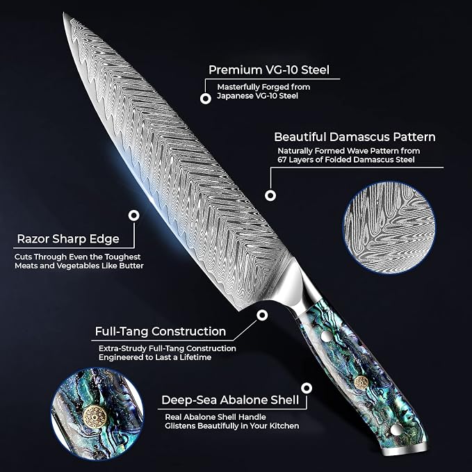 SENKEN Damascus Steel 8" Chef Knife with Real Deep-Sea Abalone Shell Handle - Umi Collection - 67-Layer Japanese VG10 Forged Steel Blade, Integrated Full-Tang Molding, Angled Bolster (8" Chef Knife)